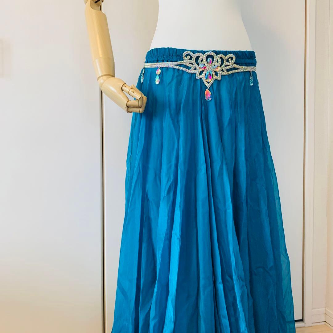 ベリーダンス　シフォン　フレア　スカート　スリット　レイヤー　ブルーグリーン